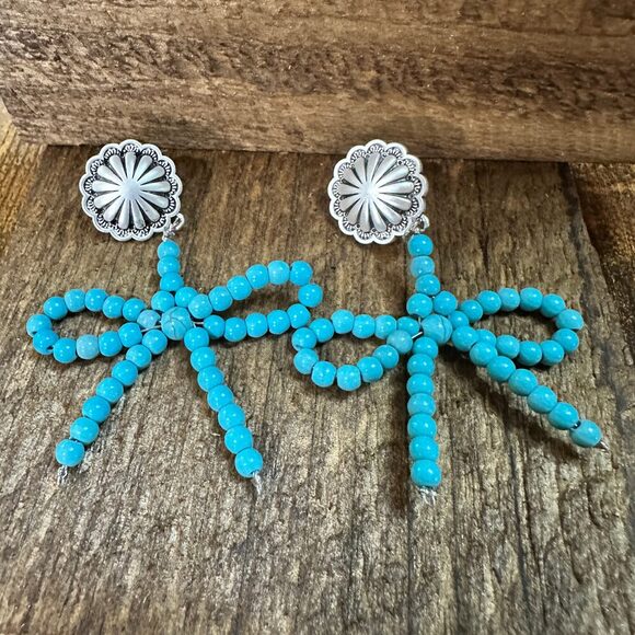 Handmade Ribbon Bow Post Earrings with Turquoise Beads, Western Boho, Ships in - Picture 3 of 9